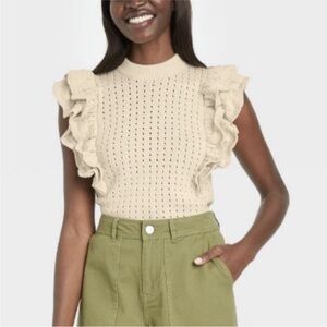 Who What Wear Cream Ruffle Pointelle Knit Sweater